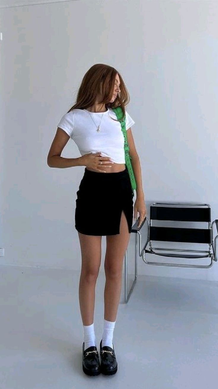 White Crop Top with Black Mini Skirt and Loafers 